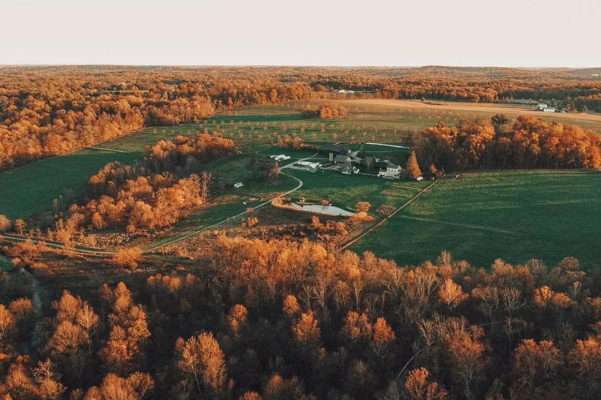 An aerial view of Wyebrook Farm surrounded by fields and woodland