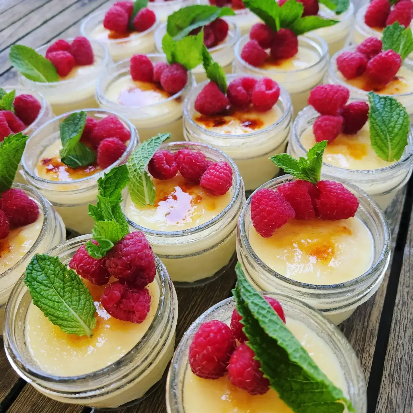 Individual raspberry desserts arranged for a Dragonfly Catering event